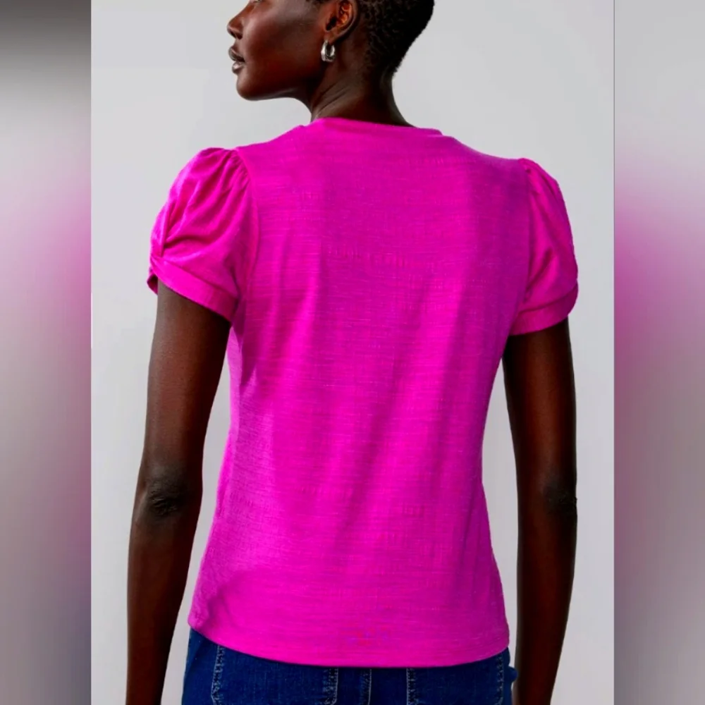 New York & Company Crew Neck Twist Puff Sleeve Top - Picture 3 of 5